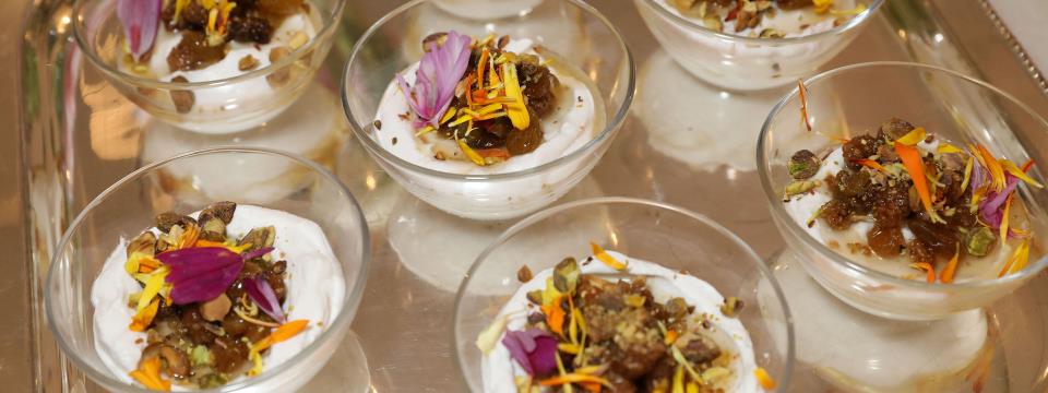Breakfast, Malabi, Rose Water, Soaked Golden Raisins, Mulberries, Pistachios, recipe