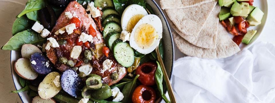 Mediterranean, salmon, salad, meal prep, modern proper